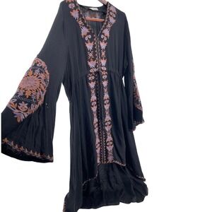 Embroidered High Low Dress Womens 2XL Black Boho Festival Artsy Folk Bell Sleeve